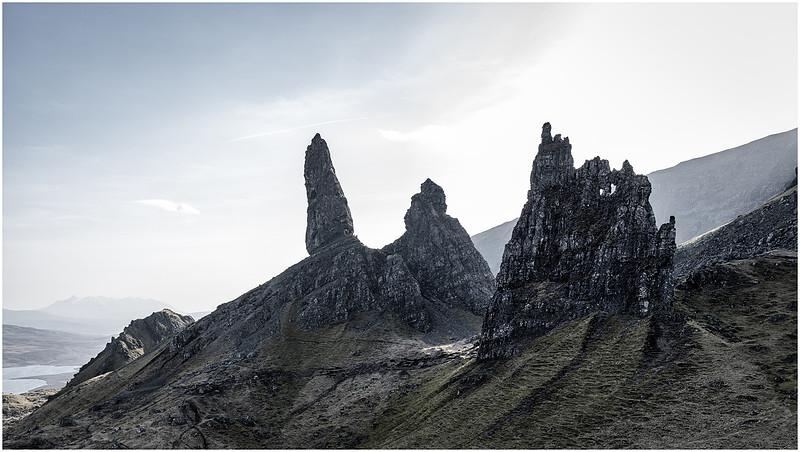 Last sunset light at The Cathedral, Church Organ and Old Man of Storr, Isle of Skye, Scotland.