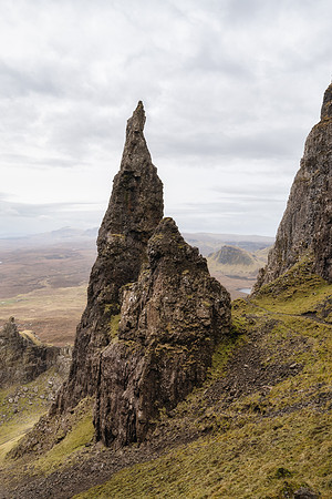 Needle like rocks stand tall high up above the Quiraing on the Isle of Skye
