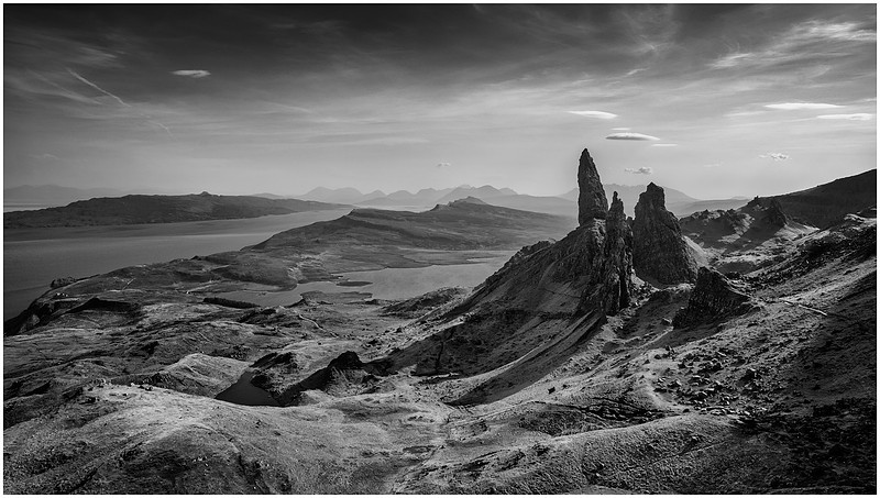Black and white shot from high up could be from Mars on Old Man of Storr, Isle of Skye, Scotland.