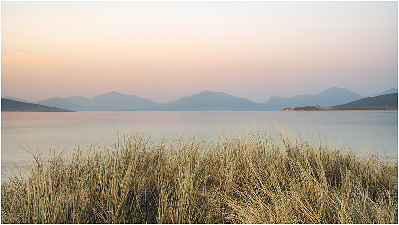 Horgabost Beach and the Mountains of Lewis, Isle of Harris, Scotland.