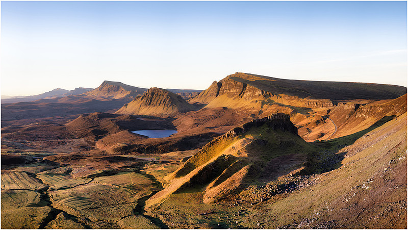 Cnoc a'Mheirlich and The Quiraing on Trotternish Isle of Skye during an amazing sunrise.